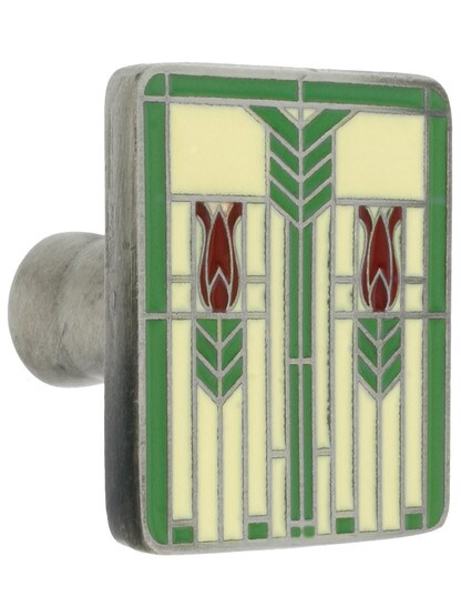1 1/4 inch Square Prairie Tulips Knob in Antique Pewter/Spring Green.